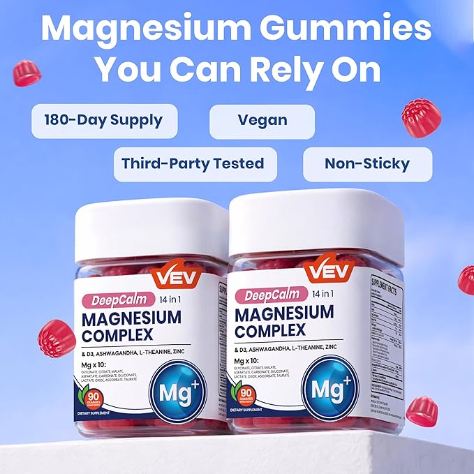 VEV Deep Calm Magnesium Complex 14-in-1 Gummies with Ashwagandha L-Theanine Vitamin D3 &amp Zinc for Women and Men Vegan Magnesium Glycinate Gummies 180 Gummies Total Pack of 2