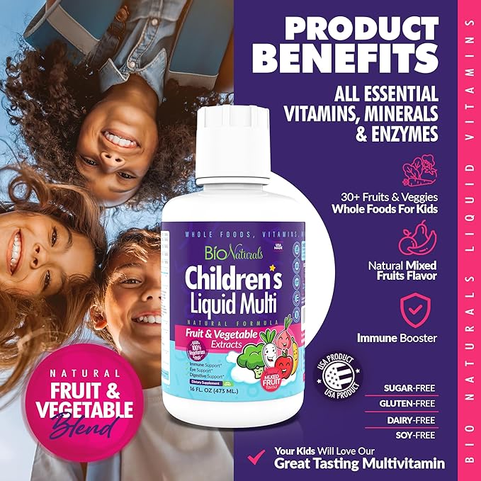 Bio Naturals Children's Liquid Multivitamin &amp Immune Booster - Natural Supplement for Kids &amp Toddlers with Vitamins A B C D3 E Fiber Fruits &amp Vegetables - No GMOs Gluten Sugar Dairy