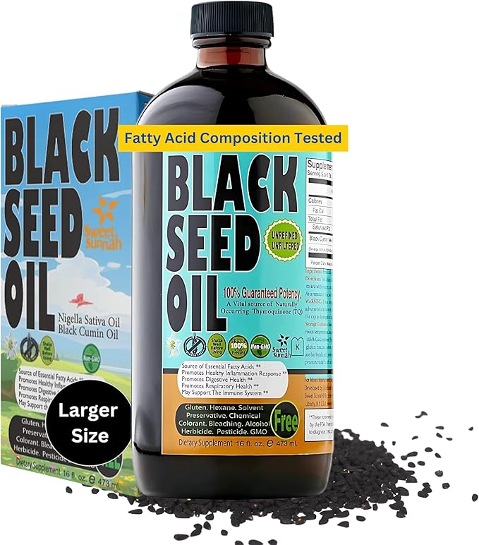 Premium Black Seed Oil Liquid 16 oz - Sugar Free 3 Month Supply Antioxidant Turkish Black Cumin Seed Oil - 3X Thymoquinone First Cold Press Vegan Halal Sweet Sunnah