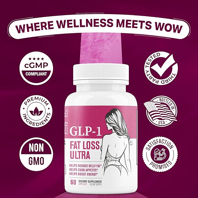 GLP-1 Fat Loss Ultra - Weight Loss Pills Appetite Suppressant &amp Fat Burner for Women | Supports Healthy Pathways Associated with GLP-1 Activity | 3rd Party Tested Supplement - 60 Capsules for Adu