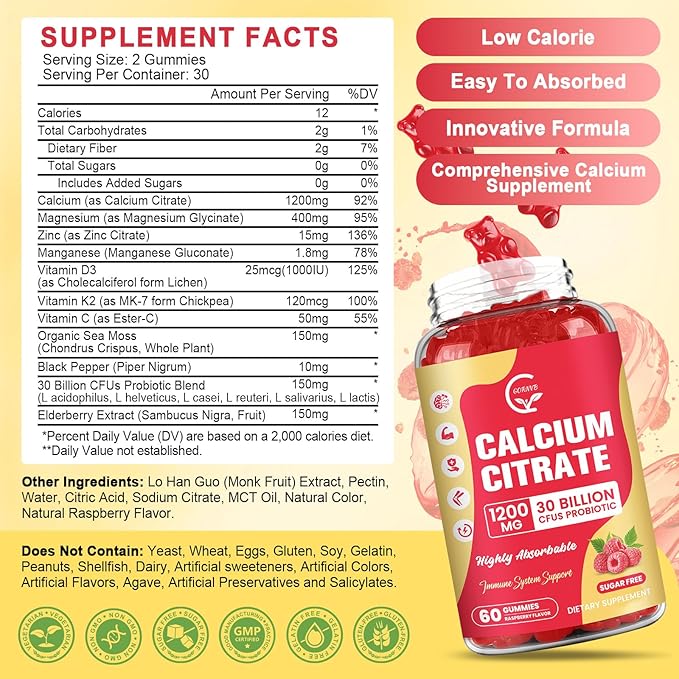 (2 Pack) Sugar Free Calcium Citrate Gummies 1200 mg with Vitamin d3 K2 Magnesium Zinc for Bone Muscle &amp Immune Support High Absorption Calcium Supplement for Women Raspberry Flavor 60 Chews