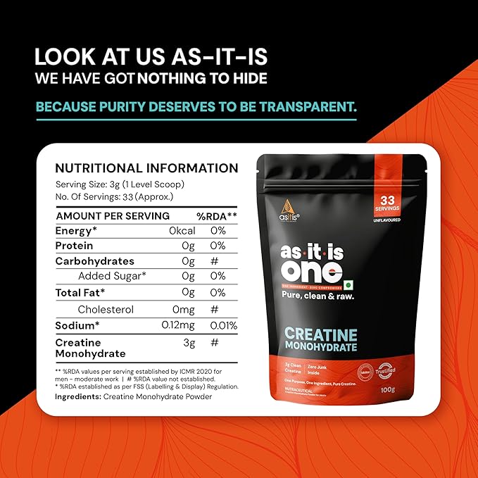 AS-IT-IS Nutrition Creatine Monohydrate 100gms/3.5 Oz | USA Labdoor Certified for Accuracy &amp Purity Gluten-free No Preservatives Pre-and Post-workout Supplement