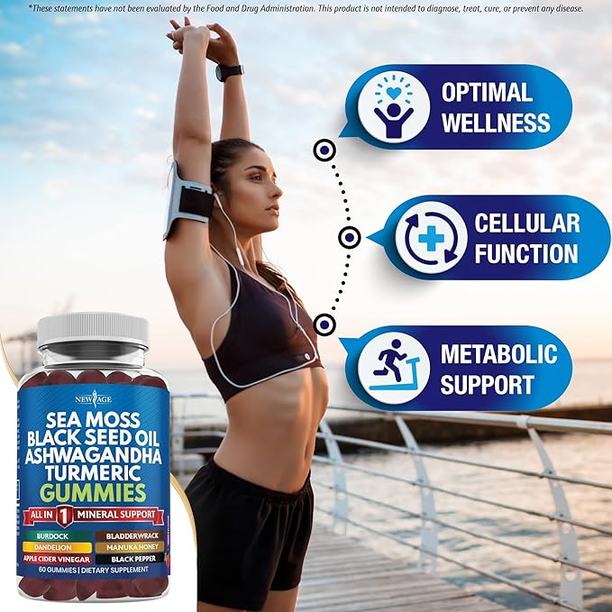 Sea Moss Gummies Sea Moss Black Seed Ashwagandha Turmeric Manuka Honey ACV Dandelion Black Pepper Burdock Bladderwrack Vegan - 120 Count