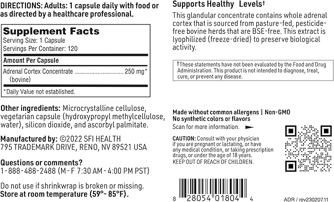 Klaire Labs SFI Health Adrenal Cortex - Targeted Adrenal Support Supplements for Cortisol Health - Purified BSE-Free Lyophilized Extract from Pasture-Fed Bovine (120 Capsules)