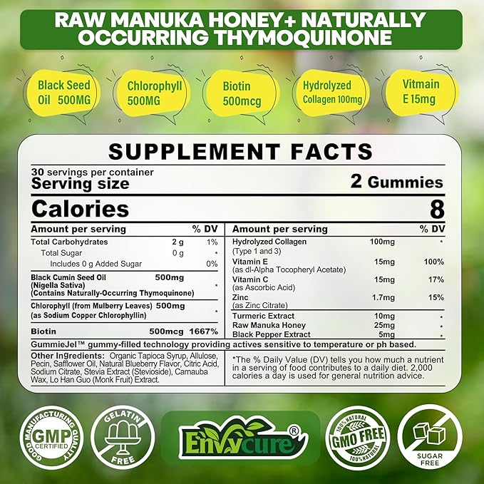Black Seed Oil Gummies &amp Chlorophyll Biotin 500mcg with Hydrolyzed Collagen Raw Manuka Honey Organic Cold Pressed - Ultimate Absorption for Skin Hair &amp Nails Digestive Overall Health 1