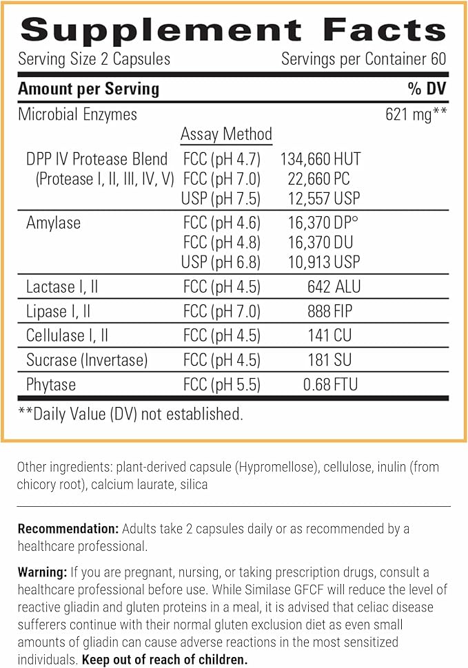 Integrative Therapeutics Similase GFCF - Digestive Enzyme Supplement for Adults - Supports Casein &amp Gluten Digestion* - Gas &amp Bloating Support* - Dairy-Free &amp Vegan - 120 Count (60 Serving