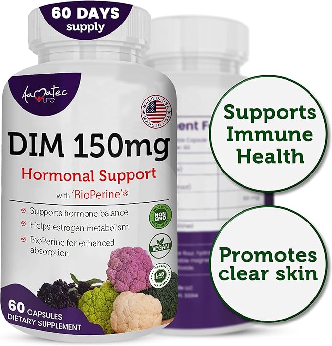 Women’s DIM Complex 150mg - Bioperine Estrogen Balancing Pills for Menopause &amp Hot Flashes Relief Support Hormonal Acne Powerful Supplement - 60 Capsules - Made in USA