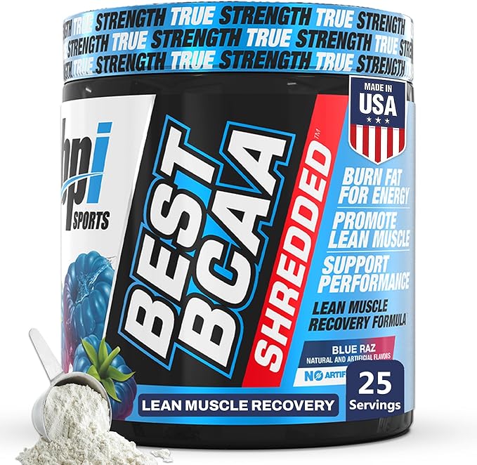 BPI Sports Best BCAA Shredded - Caffeine Free Thermogenic Recovery Drink Lean Muscle Building BCAA Powder for Women and Men Preworkout BCAAs Amino Acids Drink- Blue Raz - 25 Servings