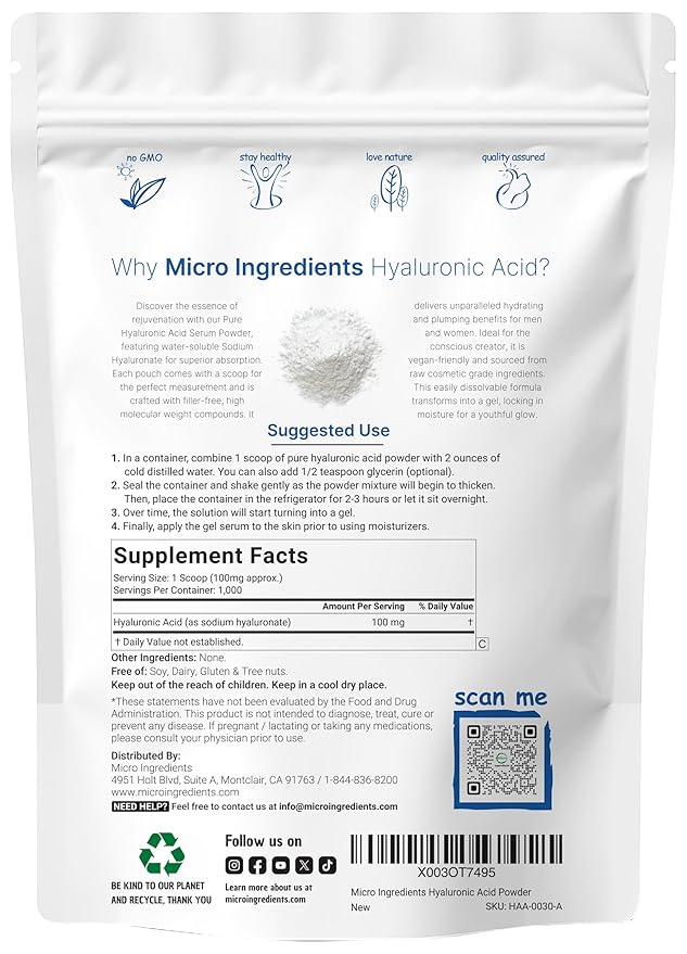 Hyaluronic Acid Serum Powder 100 Grams | Low Molecular Weight Cosmetics Grade | Skin Hydration and Moisture Support Supplements | Vegan Water Soluble (Within 2 Hours)