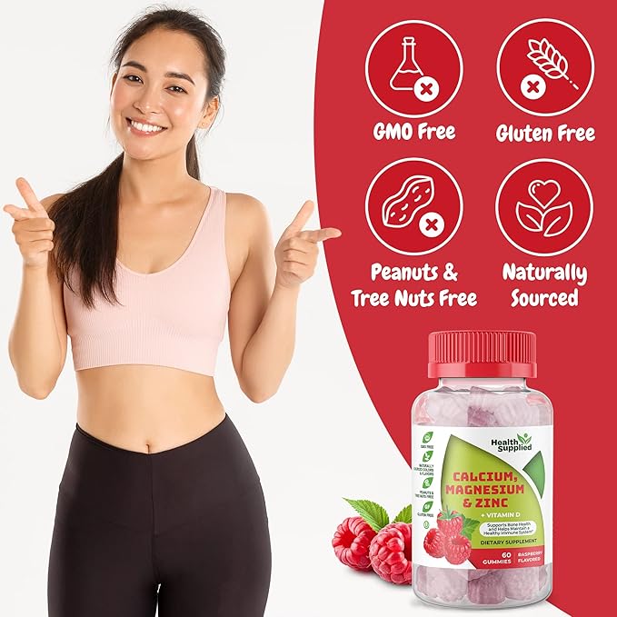 Calcium Magnesium &amp Zinc + Vitamin D Gummies | Bone Health Immune Health Energy and Muscle Function | Daily Dietary Vitamin Supplement | for Adults Teens | Fruity Raspberry Flavor