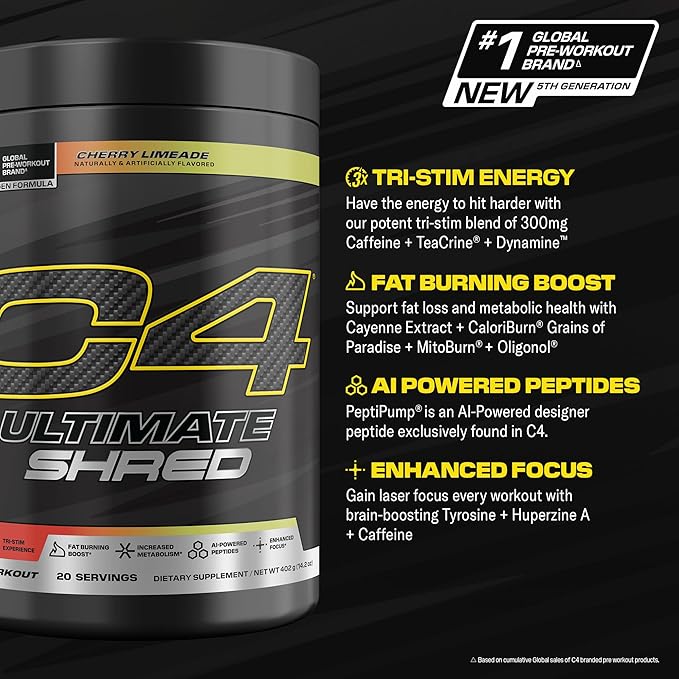 Cellucor C4 Ultimate Shred Pre Workout Powder Metabolism Supplement with Cayenne Extract+300mg Caffeine+TeaCrine+Dynamine - Cherry Limeade 20 Servings