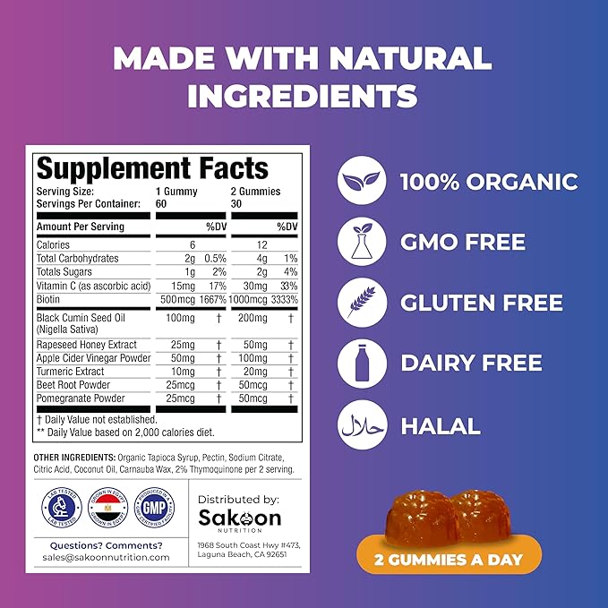 Sakoon nutrition Black Seed Oil Gummies with Honey and W/ 2%+ THYMOQUINONE - Nigella Sativa Seeds - Super antioxidant for Immune Support Joints Digestion Hair &amp Skin - 60 Gummies