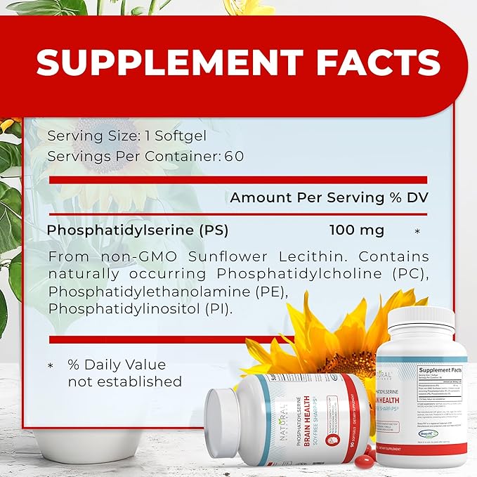 Soy Free Phosphatidylserine 100mg Softgel - PS Supplement Boosts Memory Focus Problem Solving Cortisol Control. Natural Sunflower Lecithin Patented Sharp PS-Green. Non-GMO 60 Softgels