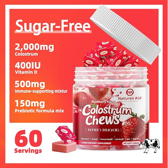 Colostrum Chews Supplement with probiotics for Gut Health Bloating Immune Support Skin Hair Growth and Beauty - Strawberry Flavor (60 Servings)