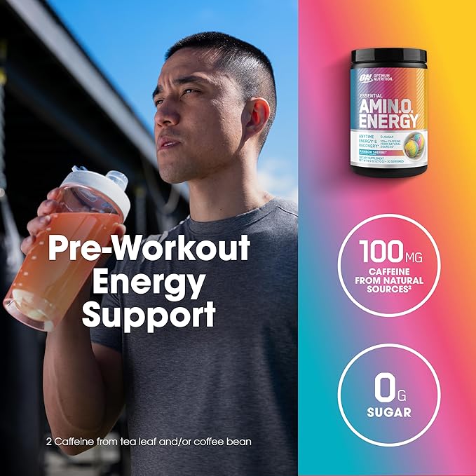 Optimum Nutrition New Flavor Amino Energy - Pre Workout with Green Tea BCAA Amino Acids Keto Friendly Green Coffee Extract Energy Powder - Rainbow Sherbet 30 Servings (Packaging May Vary)