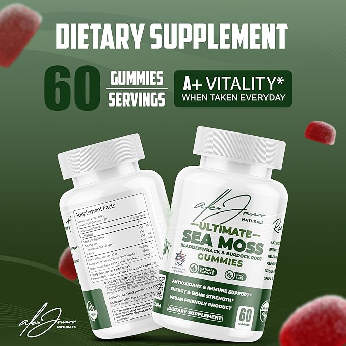 Ultimate Irish Sea Moss Gummies with Bladderwrack &amp Burdock Root – Sea Moss Bladderwrack Burdock Root – Caramel Apple Flavor – Plant-Based Mineral Blend – Vegan Non-GMO – 60 Gummies
