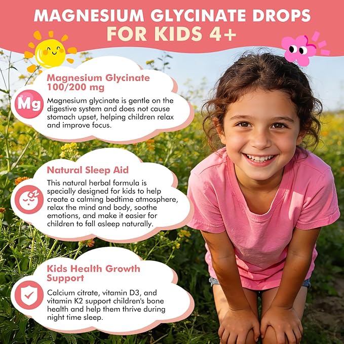 (2 Pack) Magnesium Glycinate Liquid Drops for Kids 4+ Magnesium Glycinate 100/200 mg for Sleep Relaxation and Calm Support 11 in 1 Natural Gentle Sleep Aid for Kids Sugar Free Strawberry Flavor