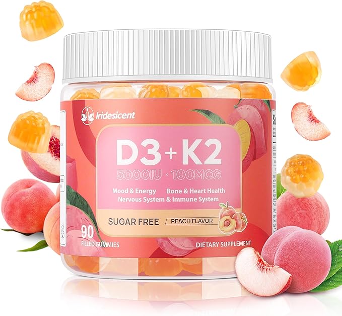 Vitamin D3 K2 Gummies w/Magnesium Sugar Free - 90 Count | D3 Vitamin 5000 IU + K2(MK-7) 100 mcg - Vegan K2 D3 Vitamin Supplement Highly Absorbent Supports Bone Muscle Mood &amp Immune(Peach Flavo