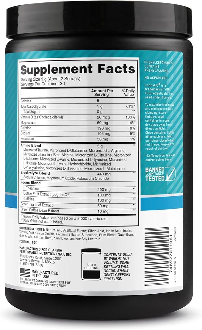 Optimum Nutrition Amino Energy Powder Plus Focus with BCAA Electrolytes and Caffeine Tropical Lemonade 30 Servings (Packaging May Vary)