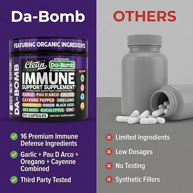 Organic Immune Support with PAU D'Arco Garlic Cayenne Pepper Oregano Ginger Grapefruit Onion Black Seed Sea Moss Black Pepper Zinc Eucalyptus Vitamin C Vitamin D Organic Soursop By Clean Nutra