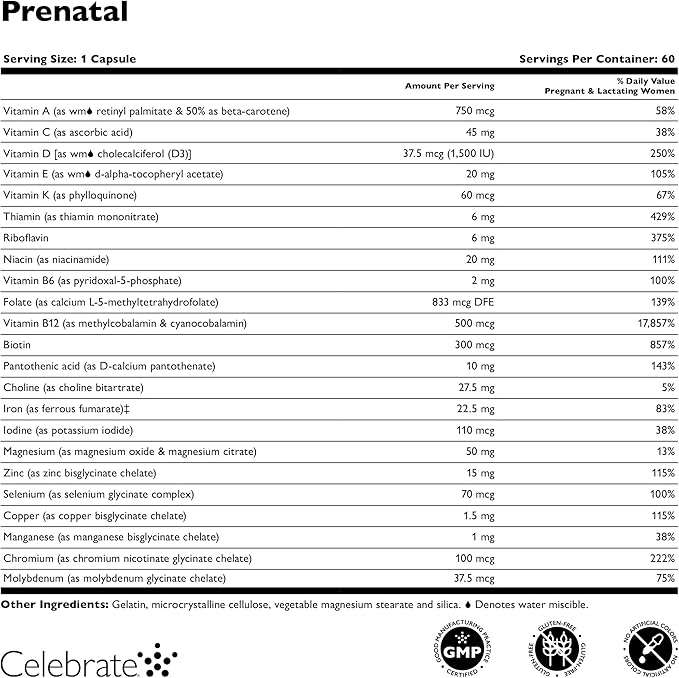 Celebrate Vitamins Bariatric Prenatal Multivitamin Capsules with Folate (Folic Acid) Vitamin A Iron Iodine and Choline for Roux en Y and Sleeve Gastrectomy Patients 60 Count