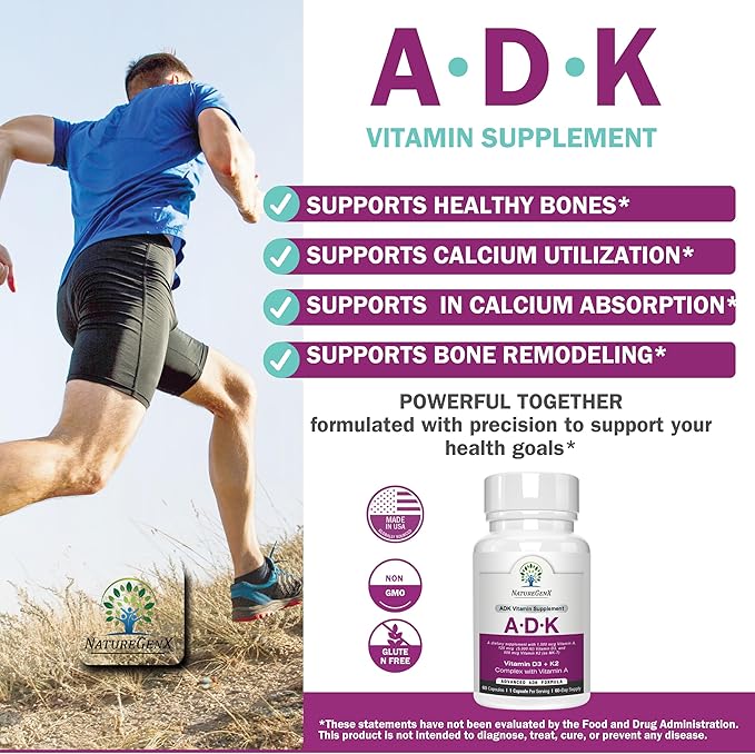 NatureGenX ADK Vitamin Supplement – Vitamins A D3 &amp K2 MK-7 for Bone Health &amp Calcium Absorption – Gluten-Free Non-GMO Soy-Free – 60 Capsules (2-Month Supply)