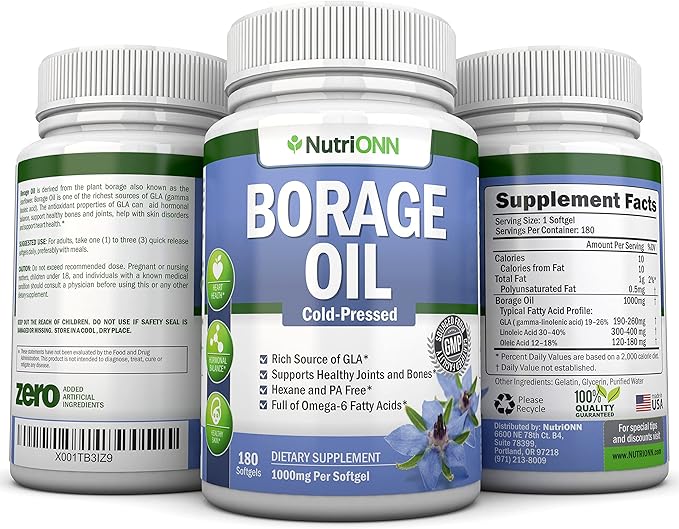 Borage Oil - 1000 mg - 180 Softgels - Cold Pressed High GLA Borage Seed Oil - Hexane and PA Free - Great for Skin Hair and Bones.