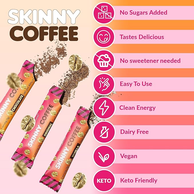 Skinny Boost Instant Skinny Coffee Sticks (Unflavored) - Made with Arabica Coffee Beans Garcinia Cambogia Green Tea Extract B Vitamins Fiber and Prebiotics –Sugar Free-Keto Friendly (28 Packets)