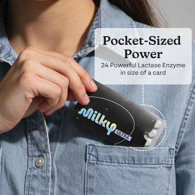 Milky Ultra Lactose Intolerance Pills - 21000 FCC - Extra Strength Dairy Relief for Lactose Intolerance - Lactase Enzyme Tablets - Portable Credit Card Sleeves (96 Count - Astral Violet)