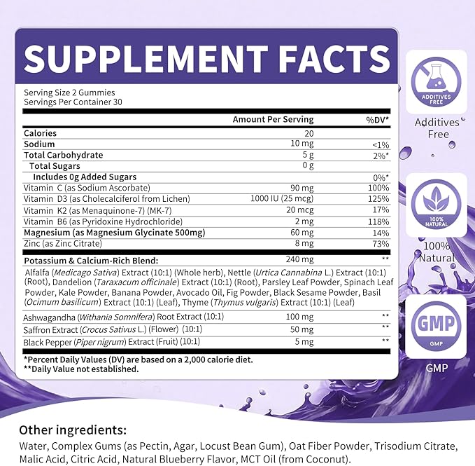 2 Pack Potassium Magnesium Gummies Sugar-Free Potassium Gummies with Magnesium Glycinate 500mg Chewable Potassium Magnesium Supplements with Calcium Zinc &amp Vitamins to Support Leg Muscle Relaxat