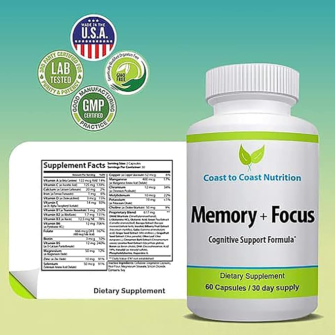 Brain Supplement – Memory Focus &amp Clarity - All-natural Brain Boosting supplement – Formulated with a whopping 41 Nootropic Ingredients: Choline Pho sphatidylserine Bacopa Extract Huperzine A