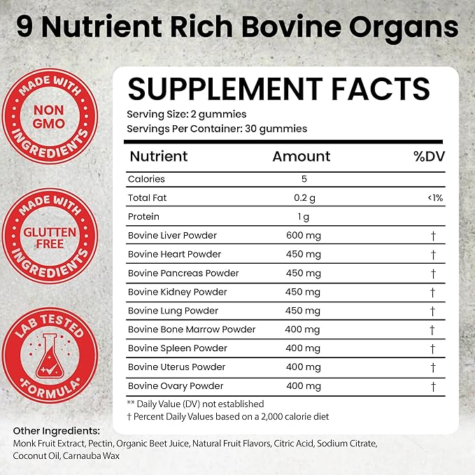 Beef Organ Supplement for Women | Grass Fed Beef Organs Liver Supplement | 9 Nutrient Rich Bovine Organs | Raised on New Zealand &amp Australian Pastures | No Fillers | Great Taste | 60 Gummies