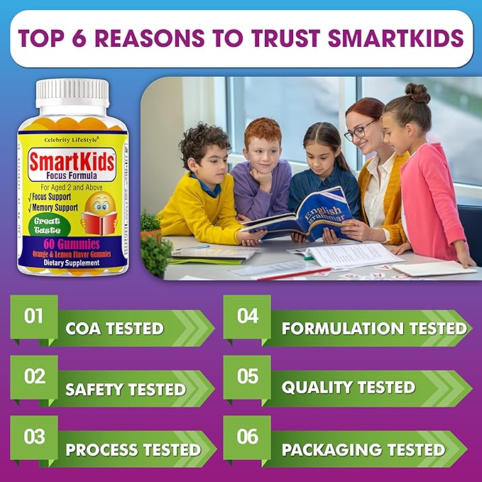 Smart Kids Focus Gummies with Omega 3 6 9 DHA Brain Support Teen Vitamin Kids Focus and Attention Supplements Vegetarian Memory Supplement for Brain Orange Flavor 60 Gummies