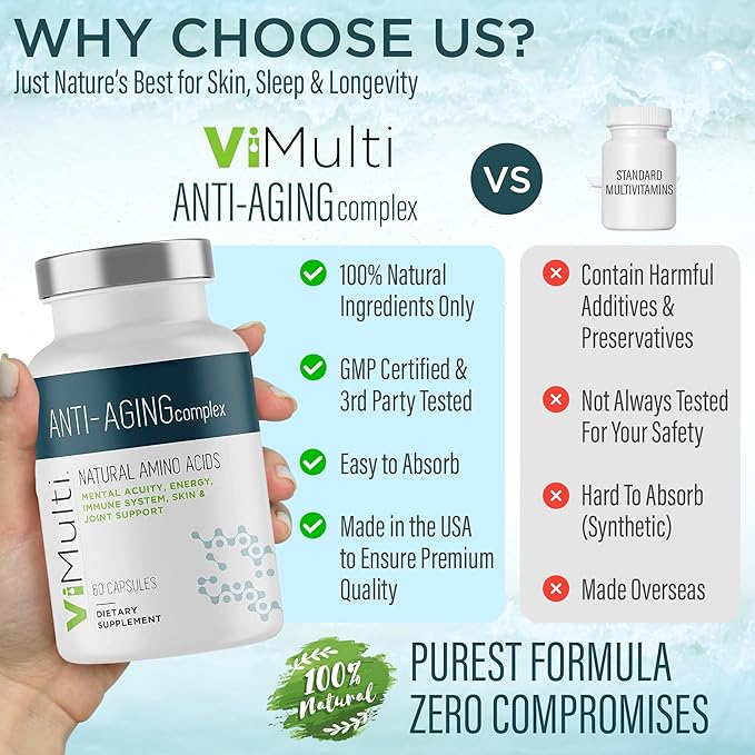 vimulti Ultimate Wellness Bundle: Anti-Aging Supplement Pills &amp Energy Supplements for Men and Women Natural Amino Acids &amp B Complex Multi Blend with Acai for Energy Immune Health 60 Capsul