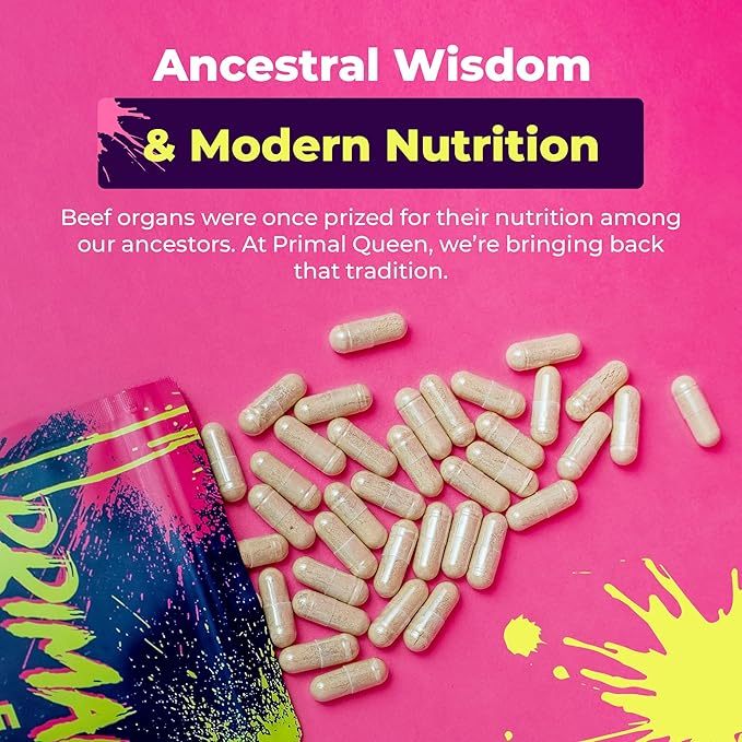 Primal Queen Female-Optimized Beef Organ Superfood Supplement (Beef Liver Kidney Heart &amp 3 More) - 100% Grass Fed Pasture Raised - 3rd Party &amp Clinically Tested