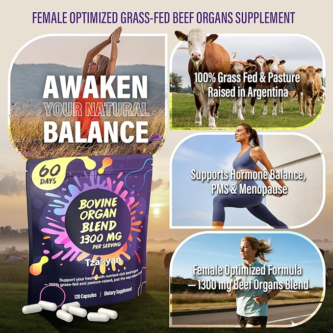 1300MG Beef Organ Supplement for Women 100% Grass Fed Beef Liver Uterus Ovary &amp 3 More Bovine Organ Capsules for Supports Women's Overall Endocrine Balance Energy Immunity 60 Days