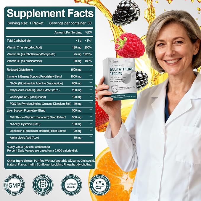 1500mg Liposomal Glutathione Supplement 12-in-1 Ultra High Absorption Liquid Glutathione with NAD+ CoQ10 NAC &amp Alpha Lipoic Acid - Supports Natural Detoxification Immune System &amp Antioxida