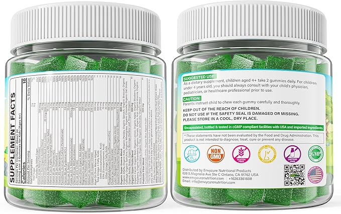 Kids Super Greens Gummies w/Multivitamins 20+ Veggie Fruit Prebiotics Calcium Omega-3 (DHA/EPA) Kids Vitamins Greens Superfood Gummies for Picky Eaters Growth Energy Immune Digestion 1 Pack