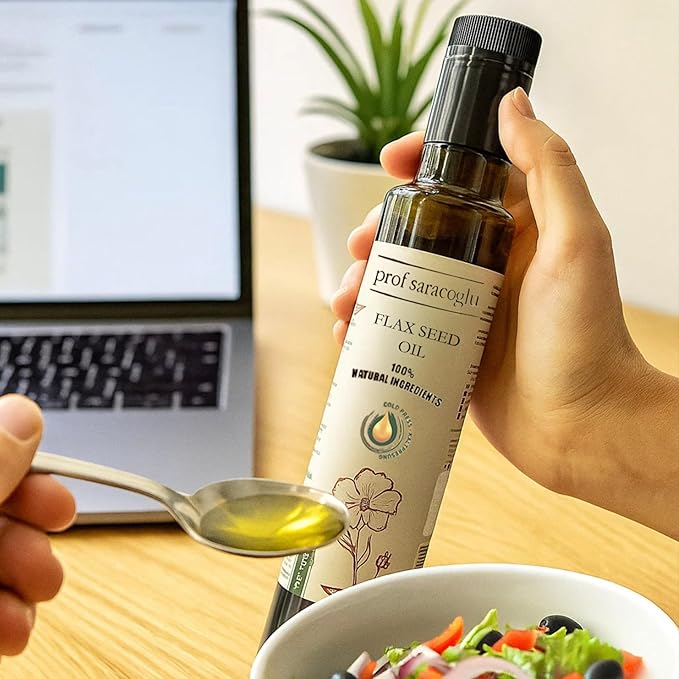 Prof Saracoglu Flaxseed Oil – Cold Pressed Solvent-Free Flax Seed Oil in Glass Bottle | Plant-Based Omega 3 with Lignans | Vegan Non-GMO | Hair Skin &amp Wellness | 8.45 fl oz