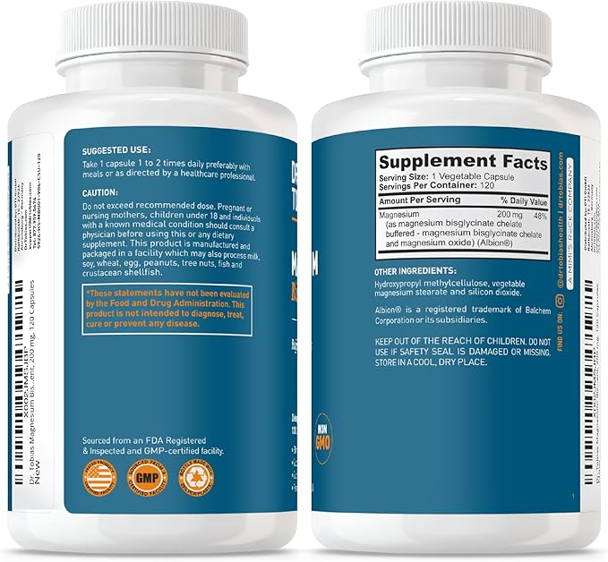 Dr. Tobias Magnesium Bisglycinate - High Absorption Magnesium Buffered Chelate Complex 200 mg per Capsule | Supports Energy Muscle Bone &amp Joint Health - Non-GMO Magnesium Supplement 120 Capsule