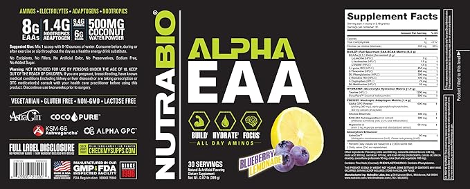 NutraBio Alpha EAA - All-Day Amino Acids for Muscle Growth and Hydration - Essential Amino Acids with Nootropics &amp Adaptogens- Full Spectrum EAA BCAA Powder - 30 Servings - Blueberry Lemonade