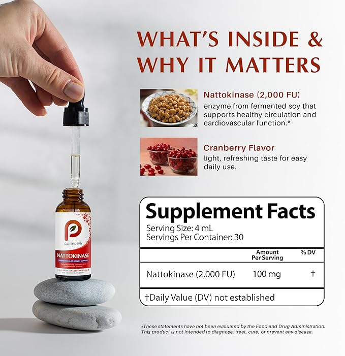 Nattokinase Liquid 2000 FU Supplement — High-Potency Circulation &amp Cardiovascular Support Cranberry Flavor Enhanced Bioavailability Drops — 4 fl oz
