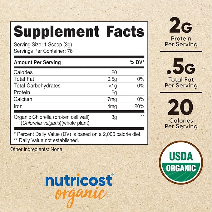 Nutricost Organic Chlorella 8oz (.5 LBs) (2 Bottles) - 3000mg Per Serving