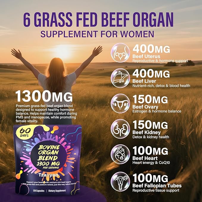 1300MG Beef Organ Supplement for Women 100% Grass Fed Beef Liver Uterus Ovary &amp 3 More Bovine Organ Capsules for Supports Women's Overall Endocrine Balance Energy Immunity 60 Days