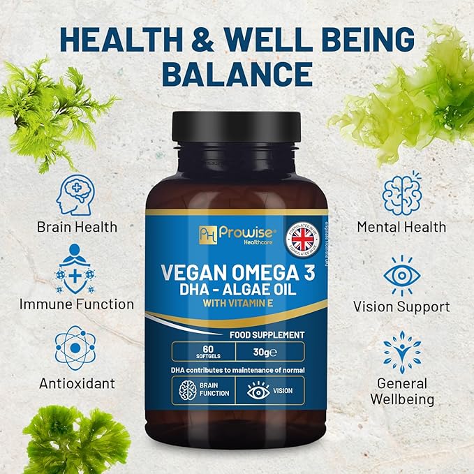 Prowise Vegan Omega-3 DHA from Algae Oil | 60 Softgels with Vitamin E | 400mg DHA + 10mg Vitamin E | 100% Plant-Based | Pure &amp Sustainable Sourced