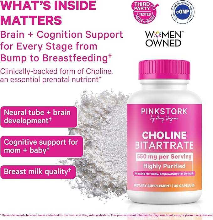 Pink Stork Choline - 550 mg Choline Bitartrate from VitaCholine for Pregnant + Postpartum Moms - Prenatal Vitamin for Fetal Cognitive Health + Breast Milk Quality - 1 Capsule Daily 30 Count