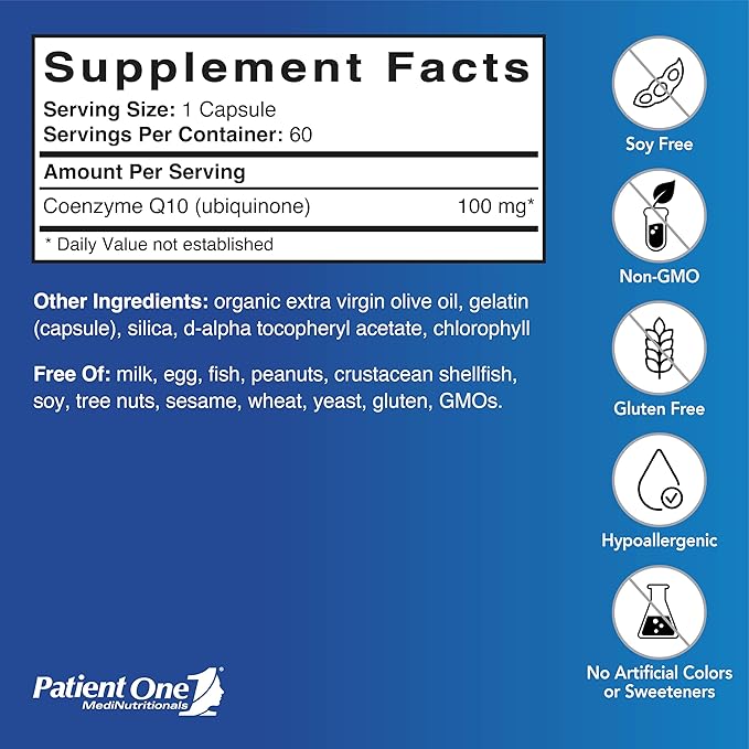 Patient One Coenzyme Q10 (CoQ10) 100 mg | Antioxidant Supplement to Support Heart and Vascular Health* | with Organic Olive Oil | 120 Capsules
