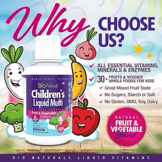Bio Naturals Children's Liquid Multivitamin &amp Immune Booster - Natural Supplement for Kids &amp Toddlers with Vitamins A B C D3 E Fiber Fruits &amp Vegetables - No GMOs Gluten Sugar Dairy