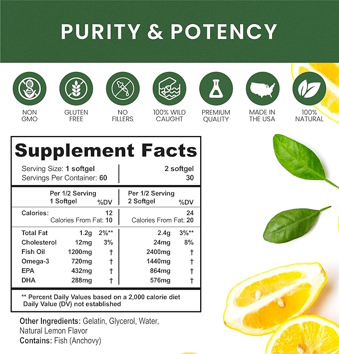 Omega 3 Fish Oil Supplements Maximum Strength 2400 mg Omega-3 1440mg Fish Oil EPA and DHA Fatty Acids Heart Brain &amp Immune Support for Women and Men. Natural Lemon Flavor 120ct (2)