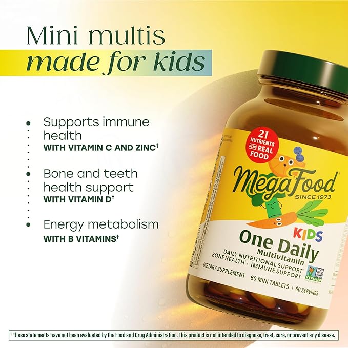 MegaFood Kids One Daily Multivitamin - Convenient Mini Multivitamin for Kids - with Zinc Vitamins C B &amp D - Vegetarian Gluten Free Non GMO - 60 Tablets 60 Servings